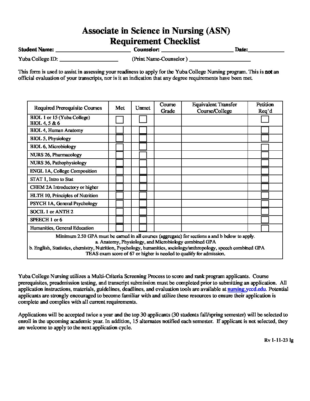 ASN-RN Checklist - Yuba College Nursing