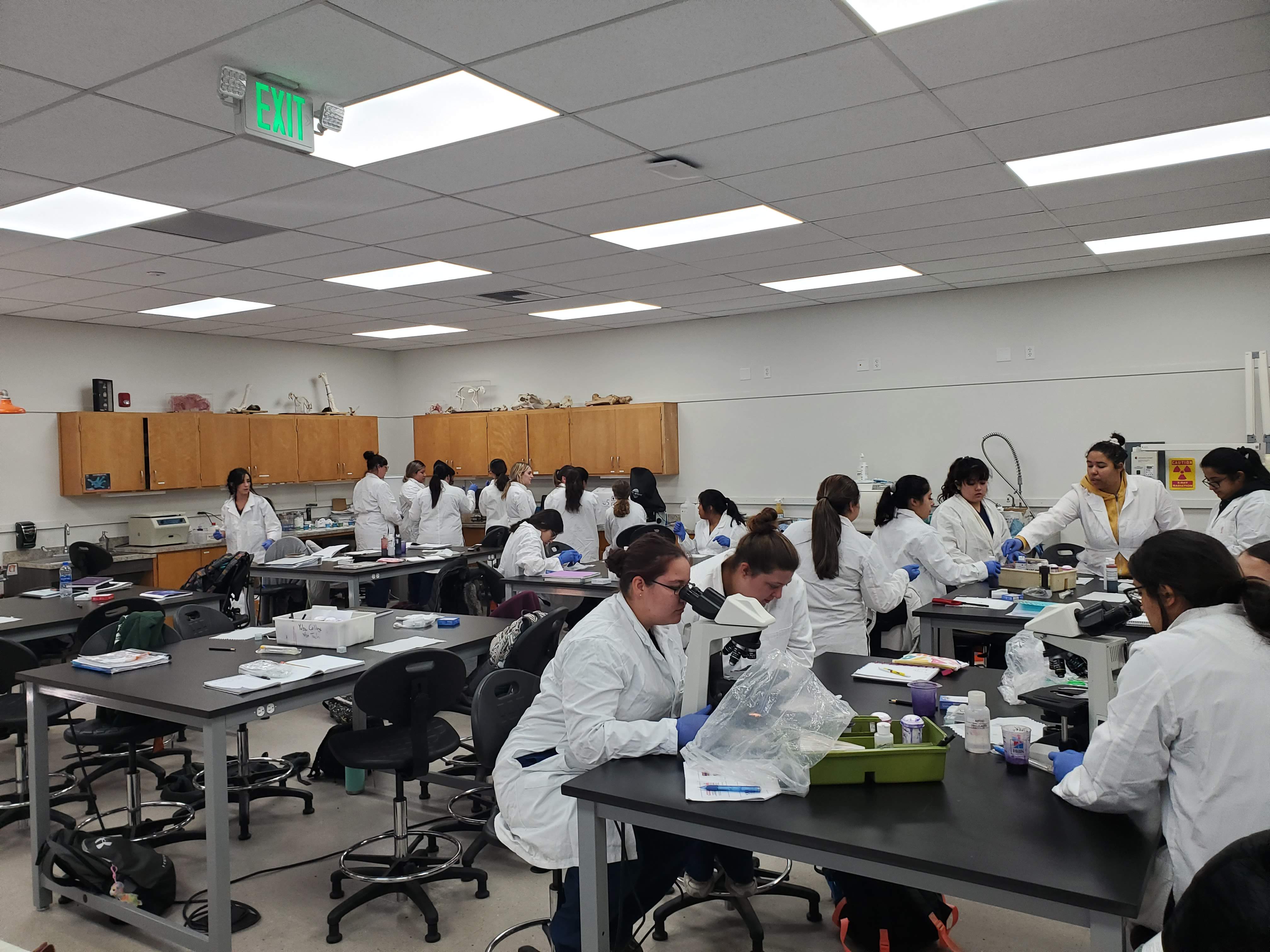 Students in the classroom wearing lab coats using microscopes