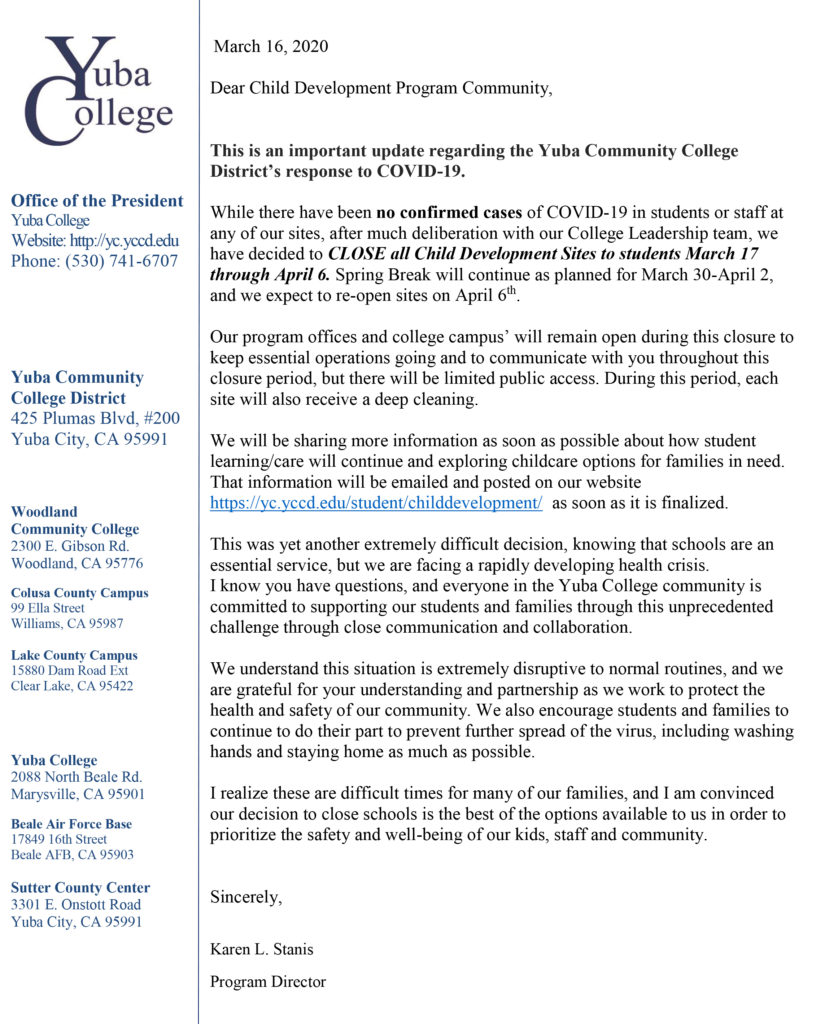 COVID-19 Child Care Center Letter - Welcome to Yuba College