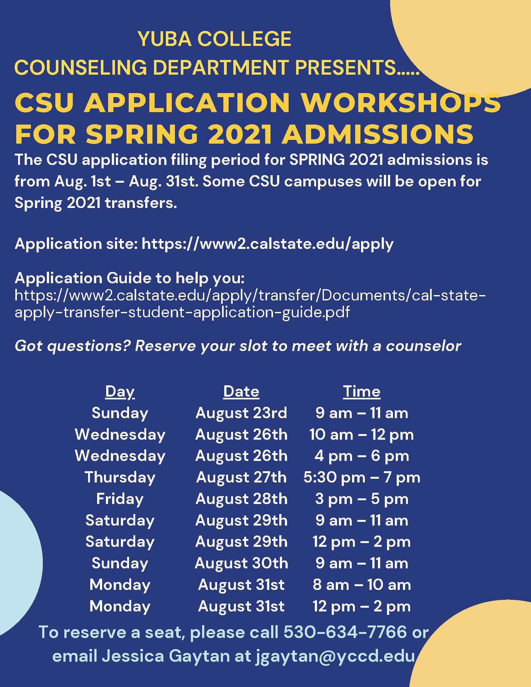 CSU Spring 2021 Transfer Application Workshops Flyer | Yuba College