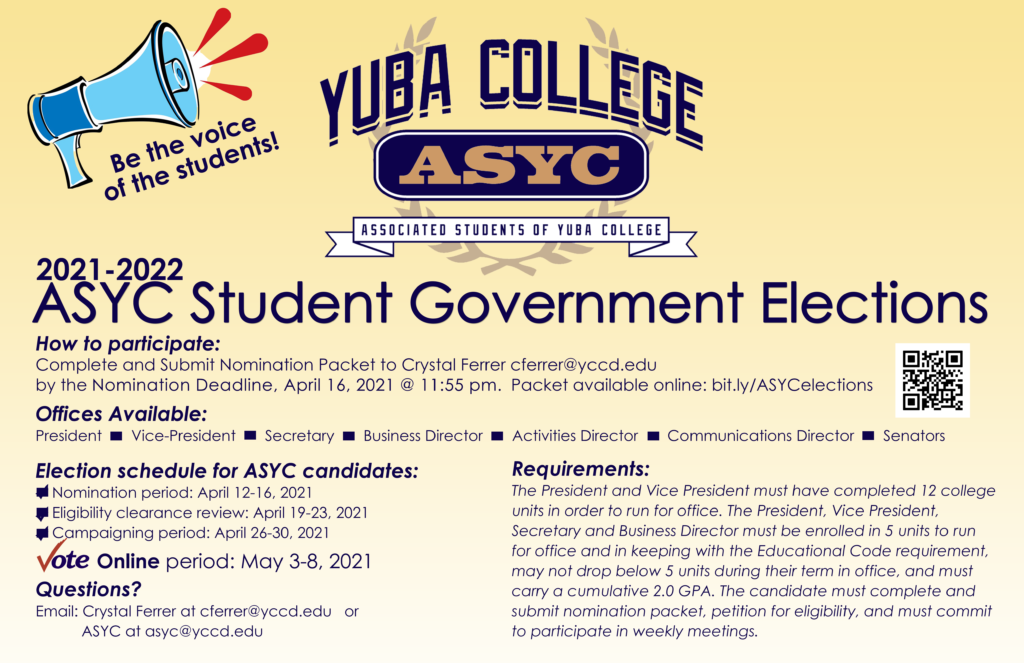 ASYC Elections Information, email cferrer@yccd.edu for accommodations