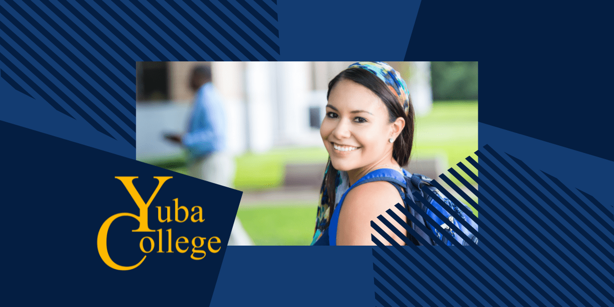Smiling woman with a brightly colored headscarf and a blue shirt and backpack. Designs around the photo and the Yuba College logo.