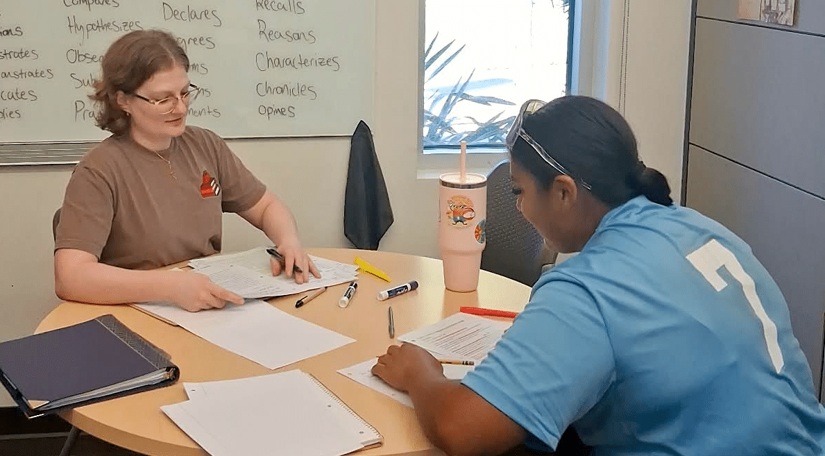 Tutor with student at table.